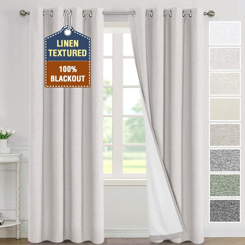 H.VERSAILTEX Linen 100% Blackout Drapes Full Coverage Heat Blocking Curtains for Bedroom