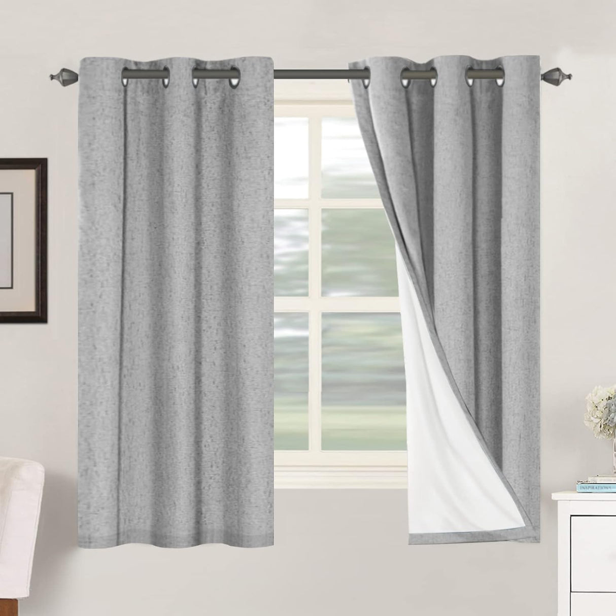 Linen Blackout Thermal Insulated  White Liner Grommet Top Curtains
