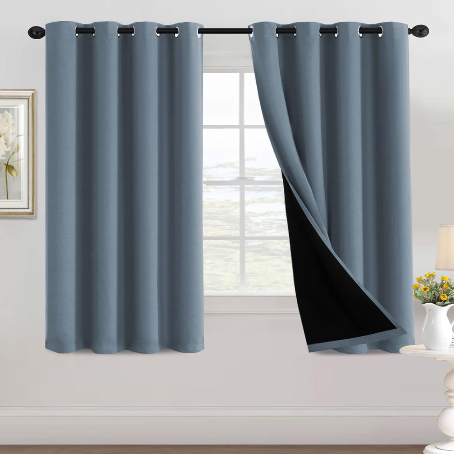 100% Blackout Black Liners Grommet Solid Color Curtains