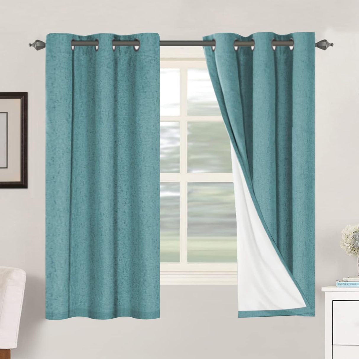 Linen Blackout Thermal Insulated  White Liner Grommet Top Curtains