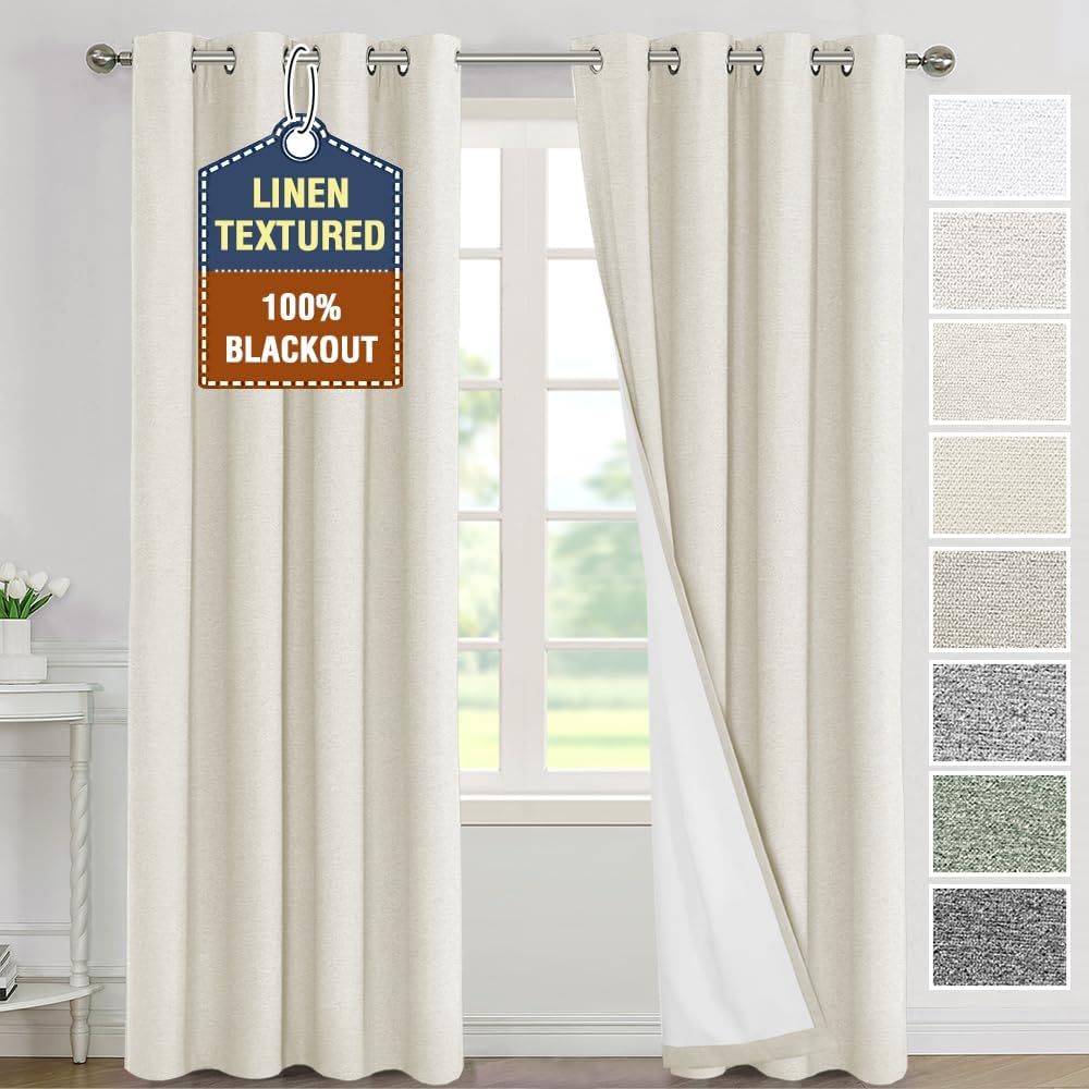H.VERSAILTEX Linen 100% Blackout Drapes Full Coverage Heat Blocking Curtains for Bedroom