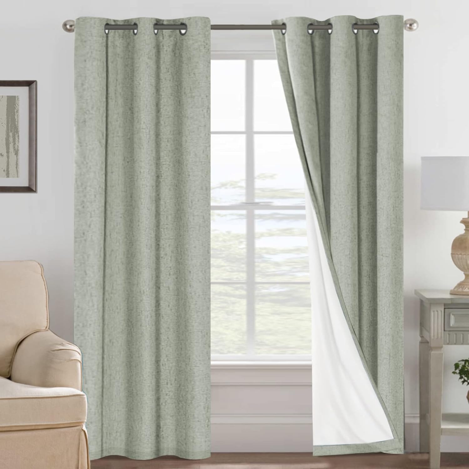 Linen Blackout Thermal Insulated  White Liner Grommet Top Curtains