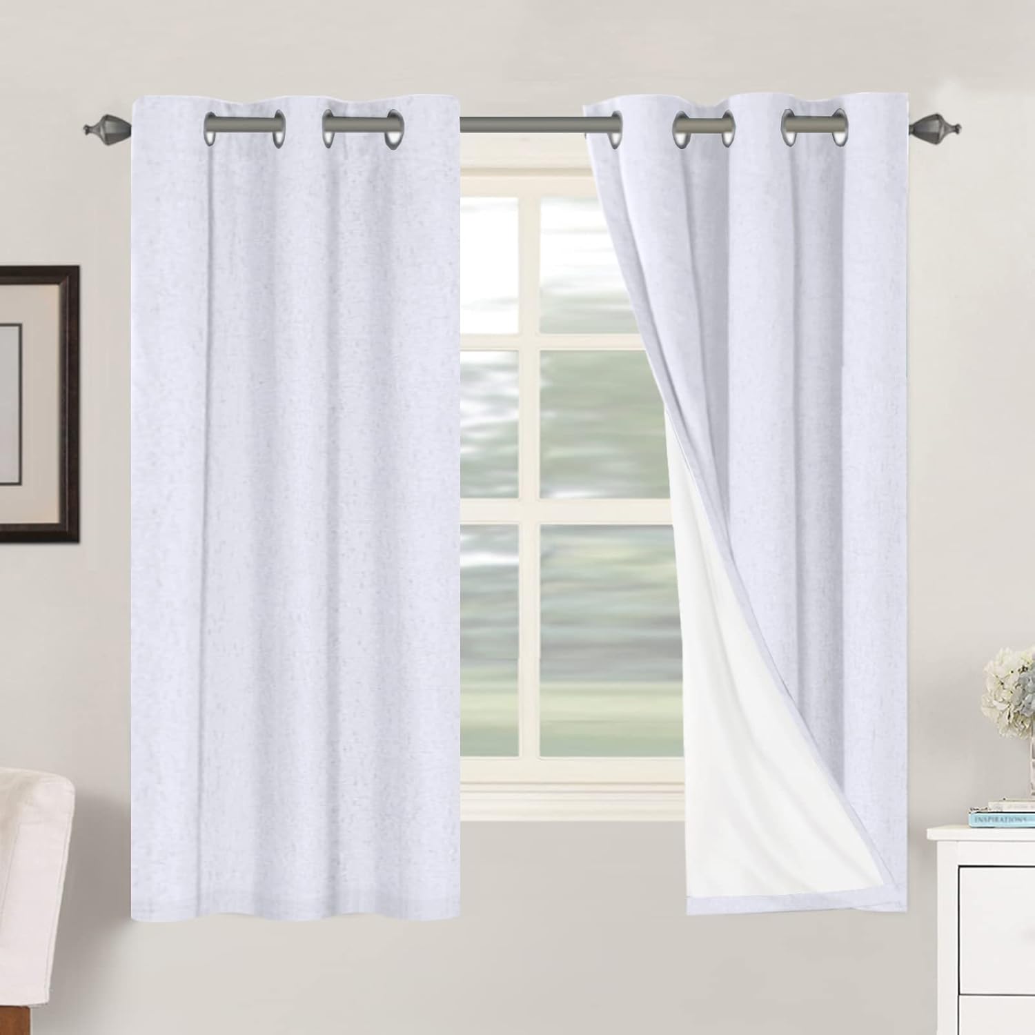 Linen Blackout Thermal Insulated  White Liner Grommet Top Curtains
