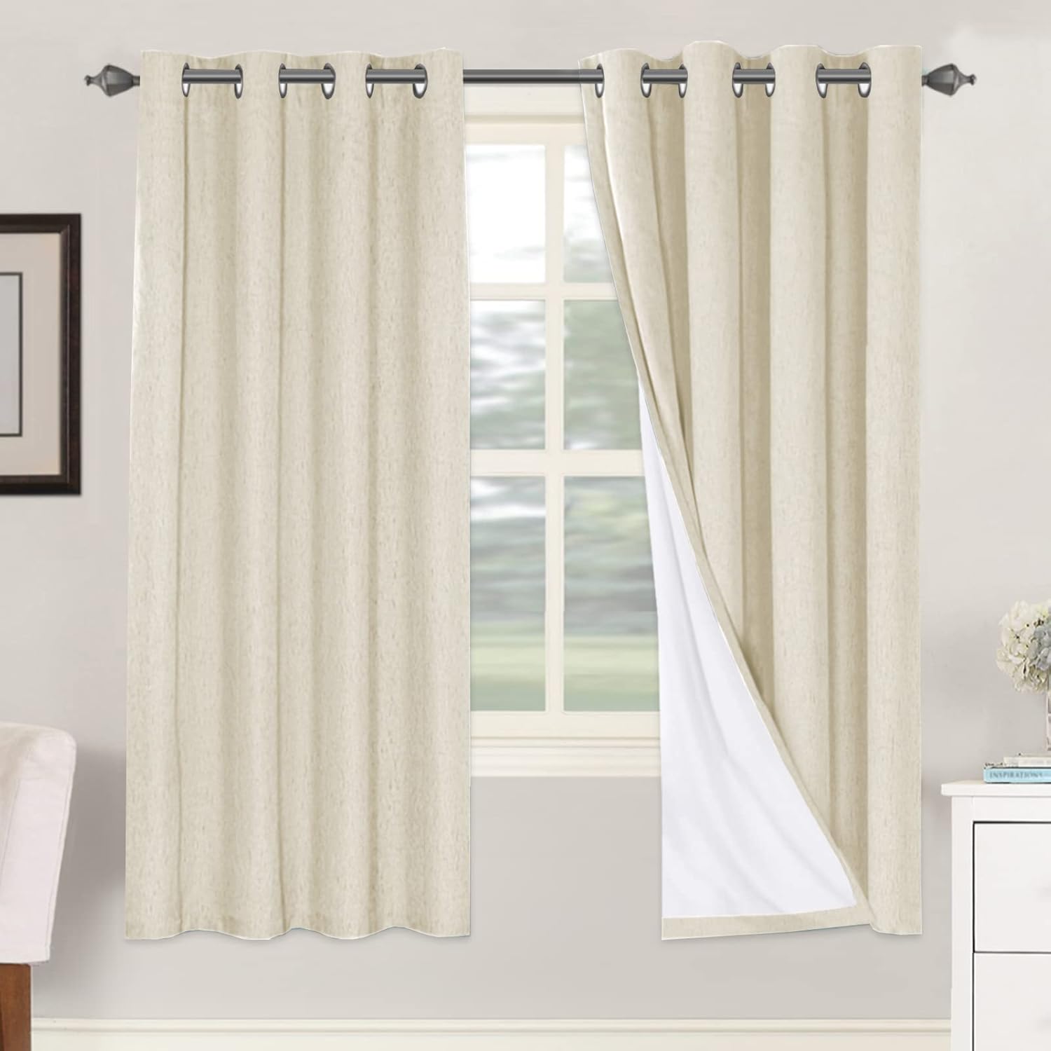 Linen Blackout Thermal Insulated  White Liner Grommet Top Curtains
