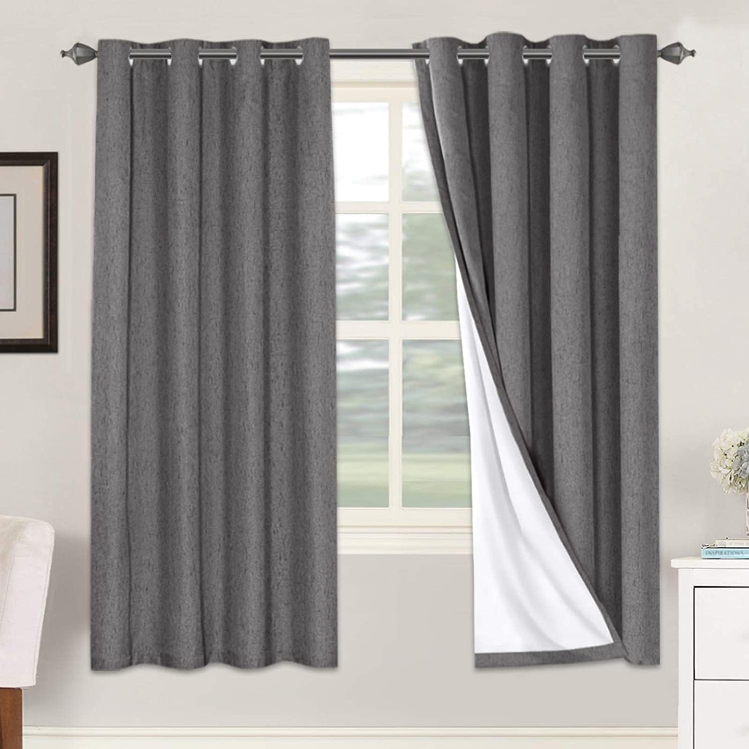 Linen Blackout Thermal Insulated  White Liner Grommet Top Curtains