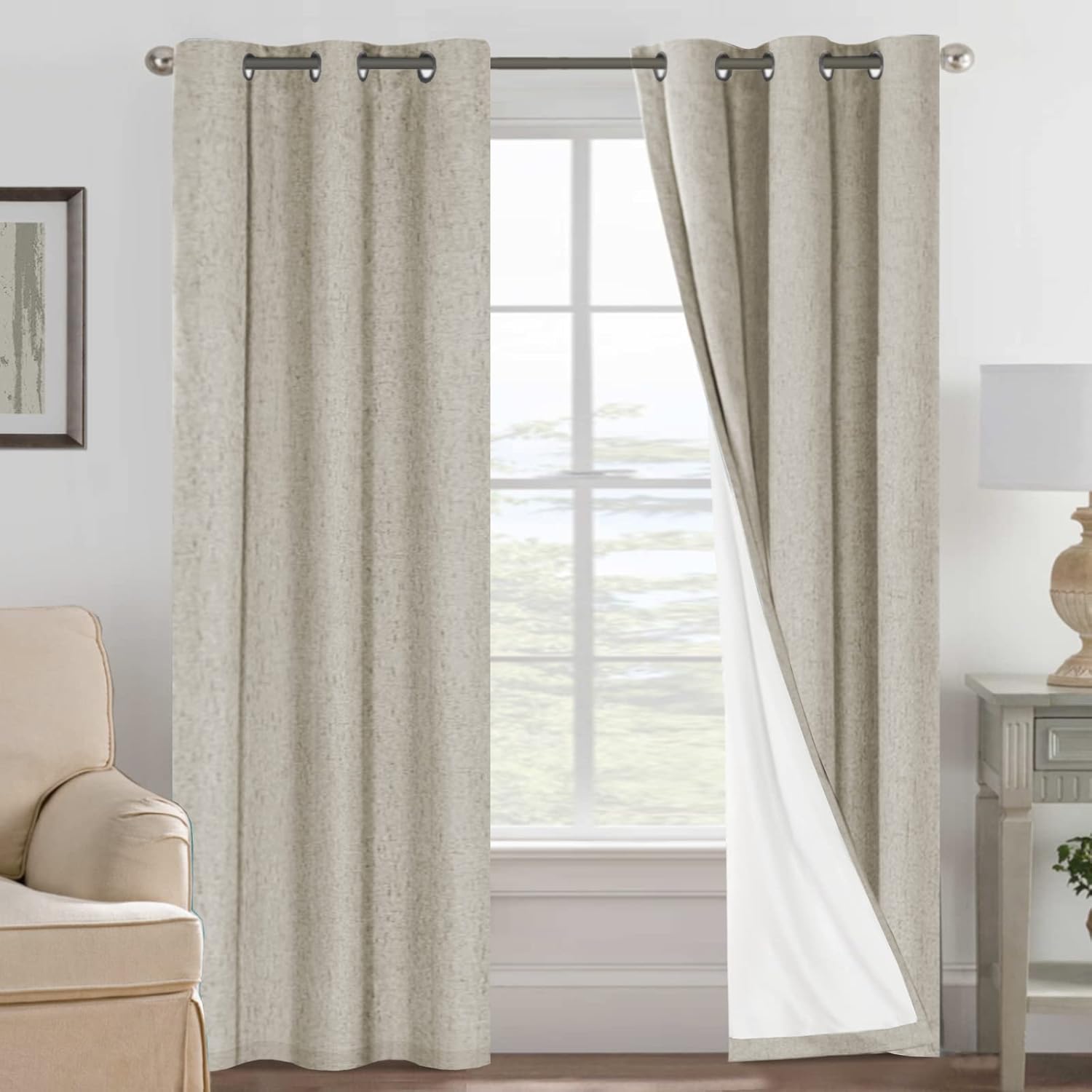 Linen Blackout Thermal Insulated  White Liner Grommet Top Curtains