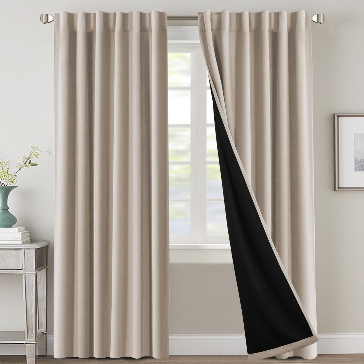 H.VERSAILTEX 100% Blackout Curtains for Bedroom with Black Liner Full Room Darkening Back Tab Rod Pocket 2 Panels