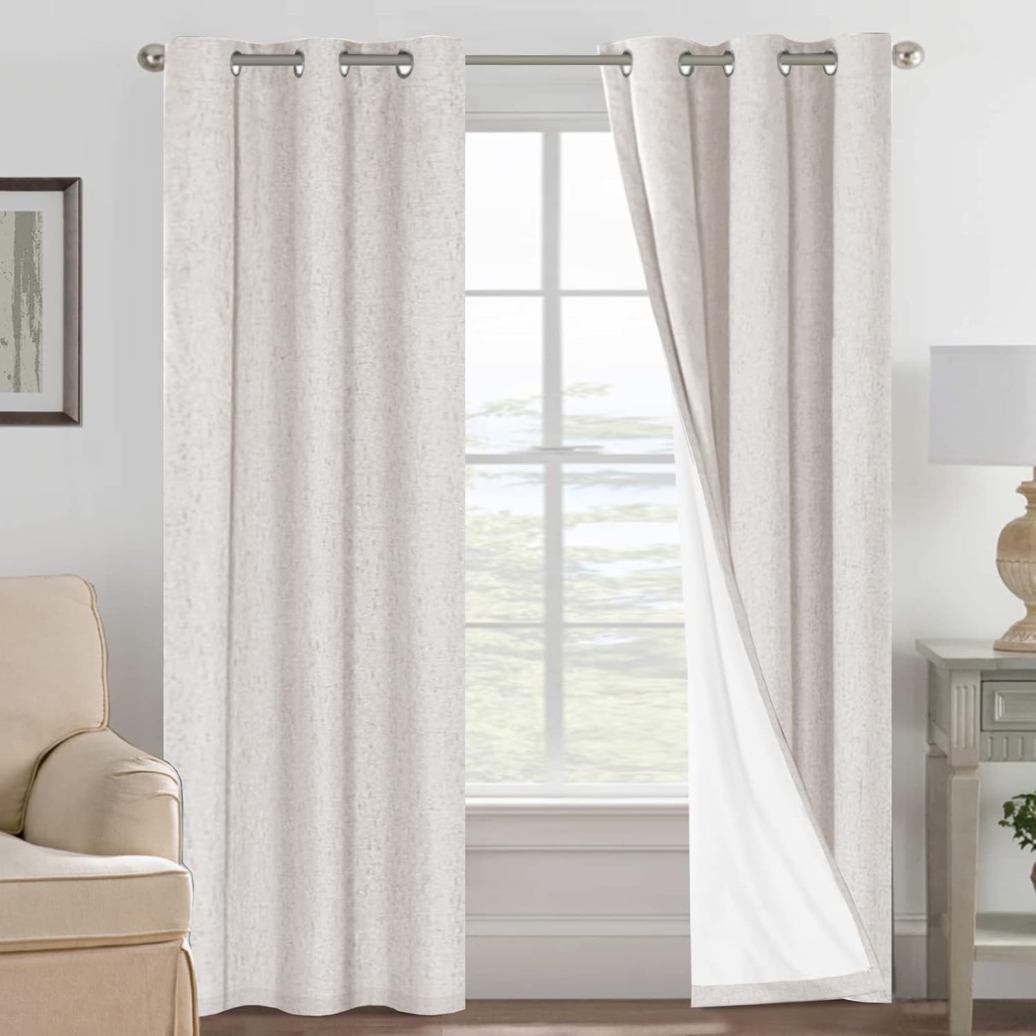 Linen Blackout Thermal Insulated  White Liner Grommet Top Curtains