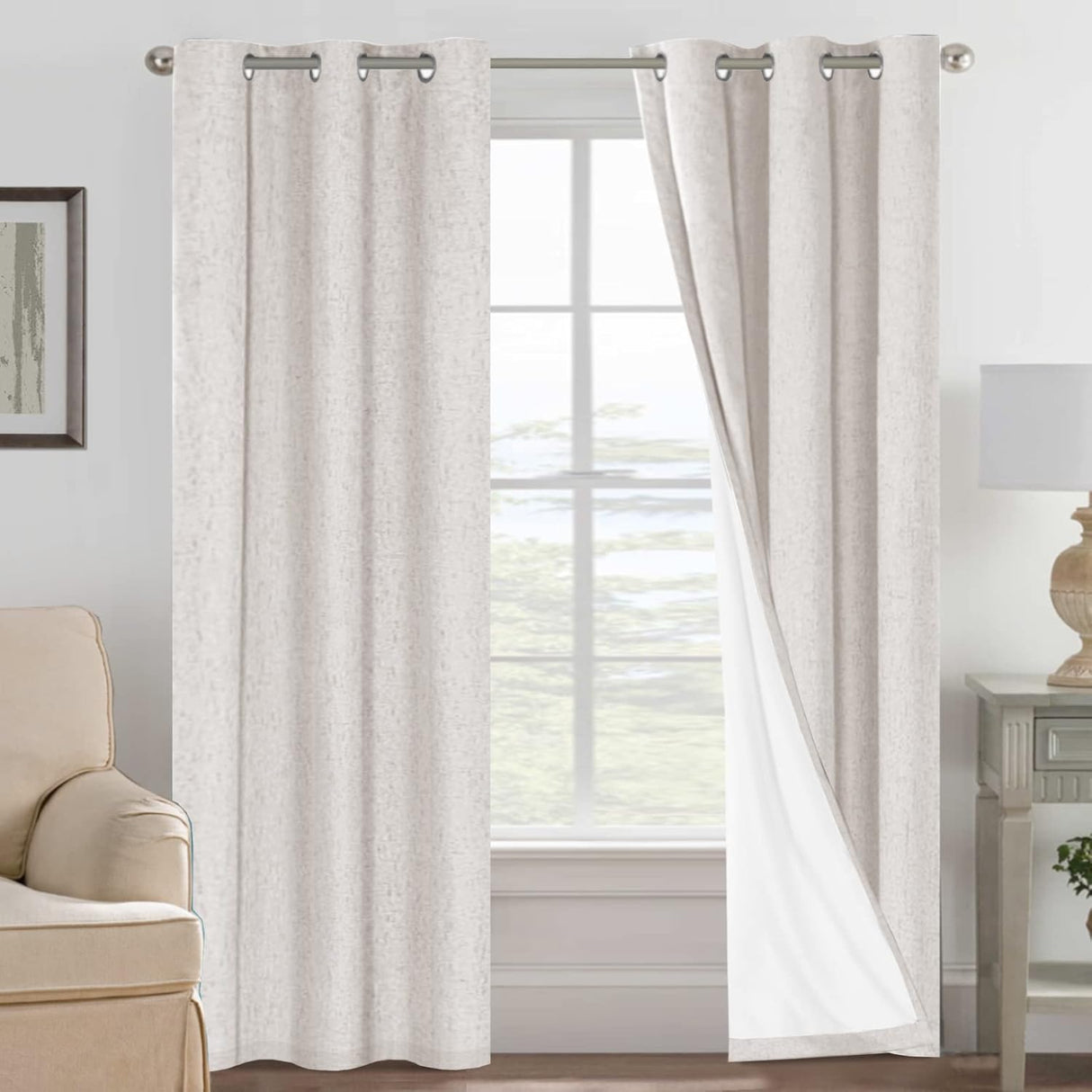 Linen Blackout Thermal Insulated  White Liner Grommet Top Curtains