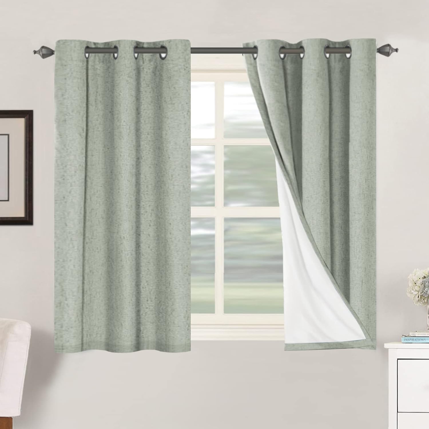 Linen Blackout Thermal Insulated  White Liner Grommet Top Curtains