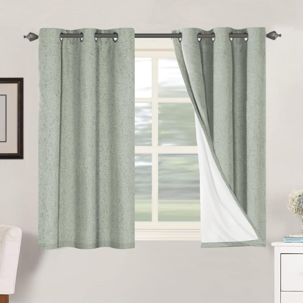 Linen Blackout Thermal Insulated  White Liner Grommet Top Curtains