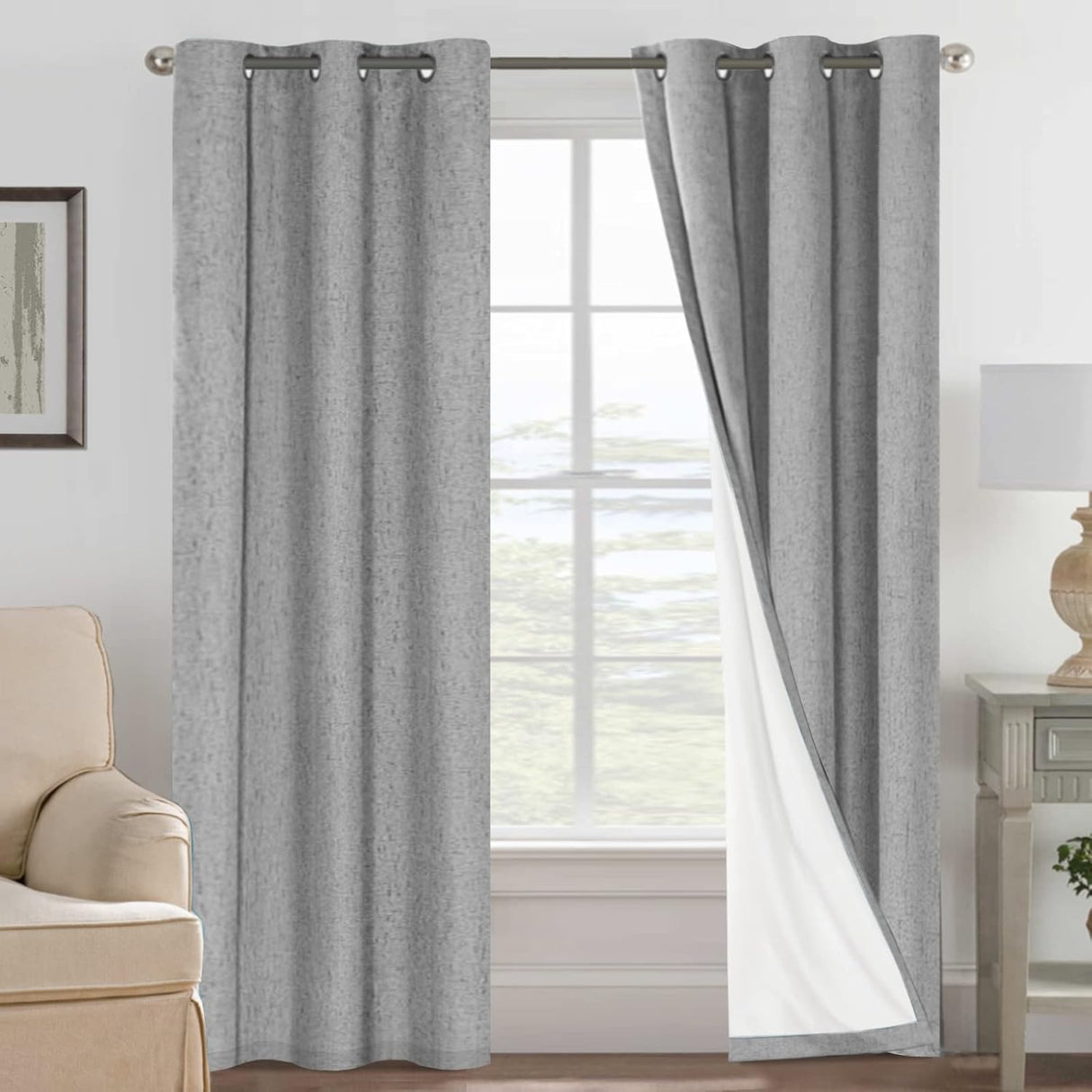 Linen Blackout Thermal Insulated  White Liner Grommet Top Curtains