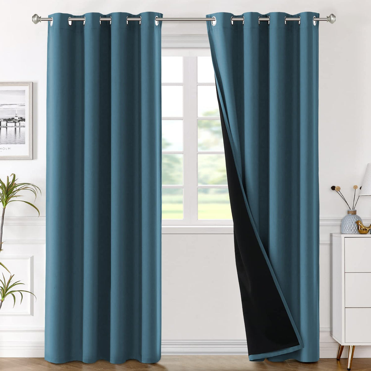 H.VERSAILTEX 100% Blackout Lined Curtains, 2 Thick Layers Completely Blackout Window Treatment Thermal Insulated Drapes for Kitchen/Bedroom (1 Pair, 52" Width x 63" Length Each Panel, Navy)