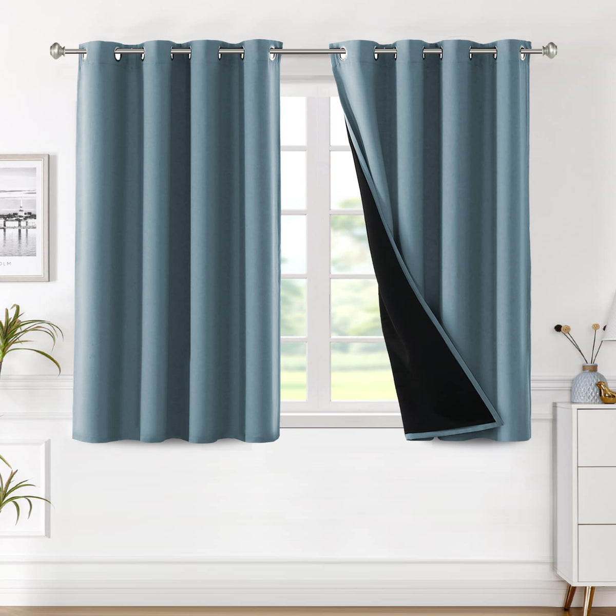 H.VERSAILTEX 100% Blackout Lined Curtains, 2 Thick Layers Completely Blackout Window Treatment Thermal Insulated Drapes for Kitchen/Bedroom (1 Pair, 52" Width x 63" Length Each Panel, Navy)