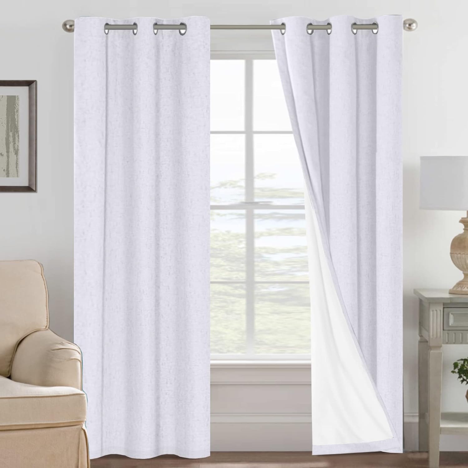Linen Blackout Thermal Insulated  White Liner Grommet Top Curtains
