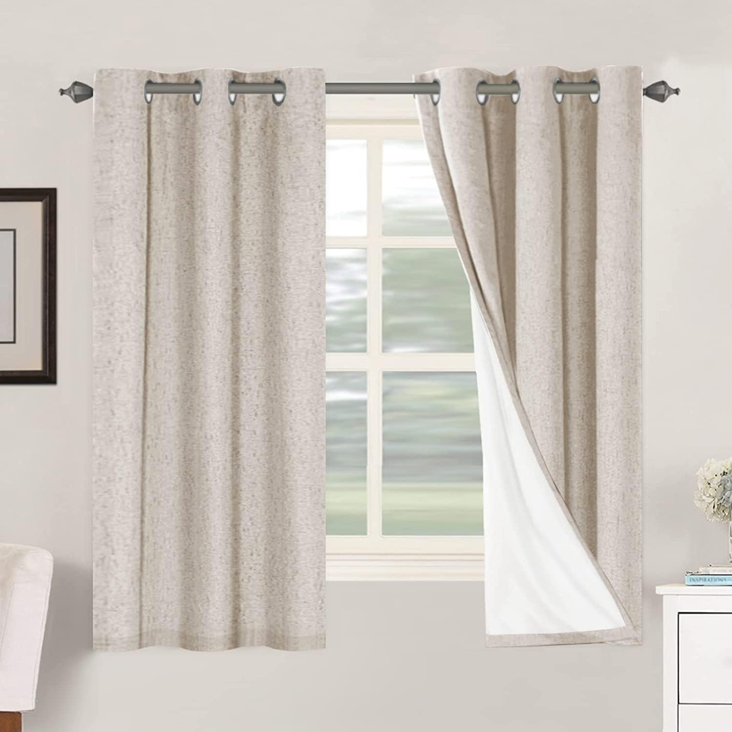 Linen Blackout Thermal Insulated  White Liner Grommet Top Curtains
