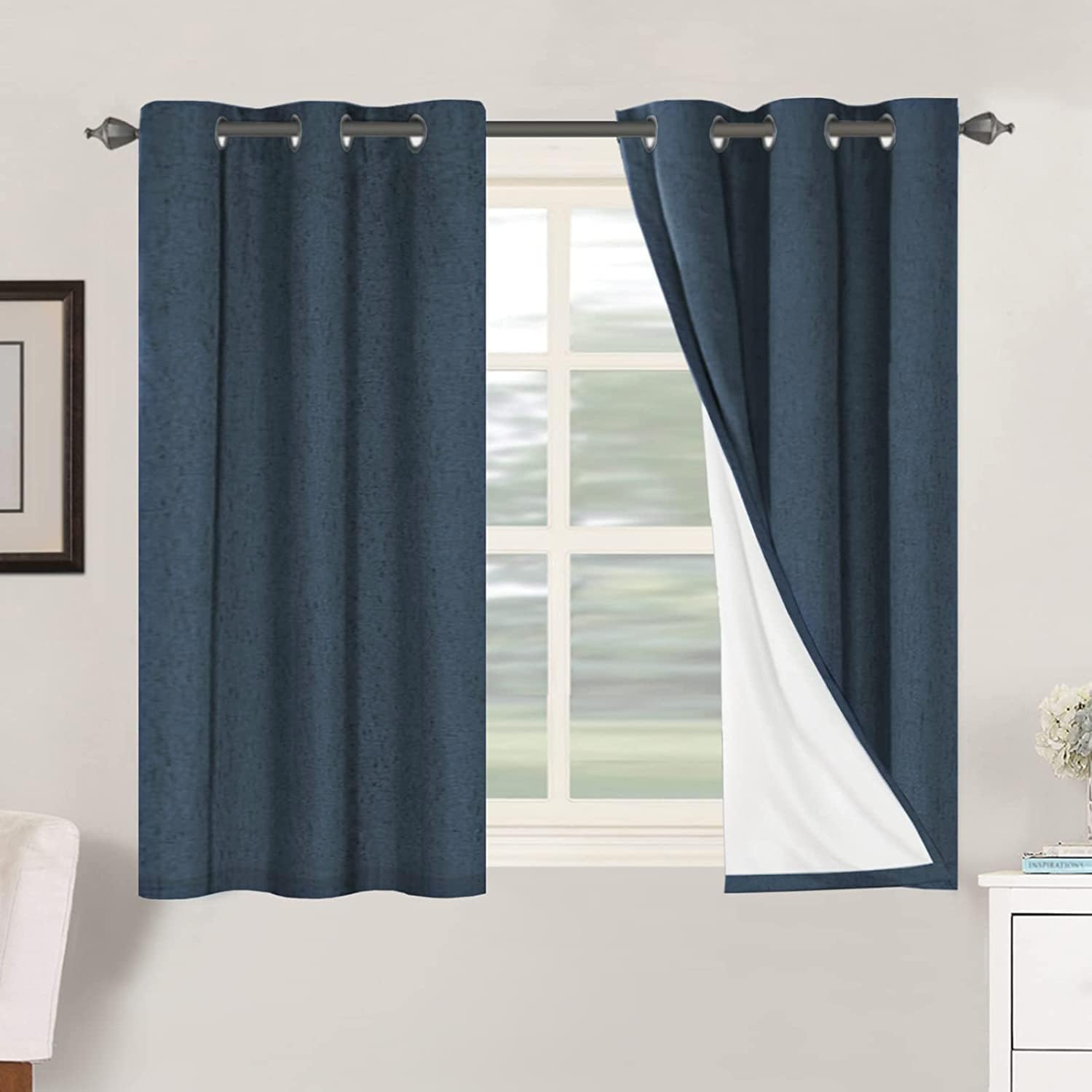 Linen Blackout Thermal Insulated  White Liner Grommet Top Curtains