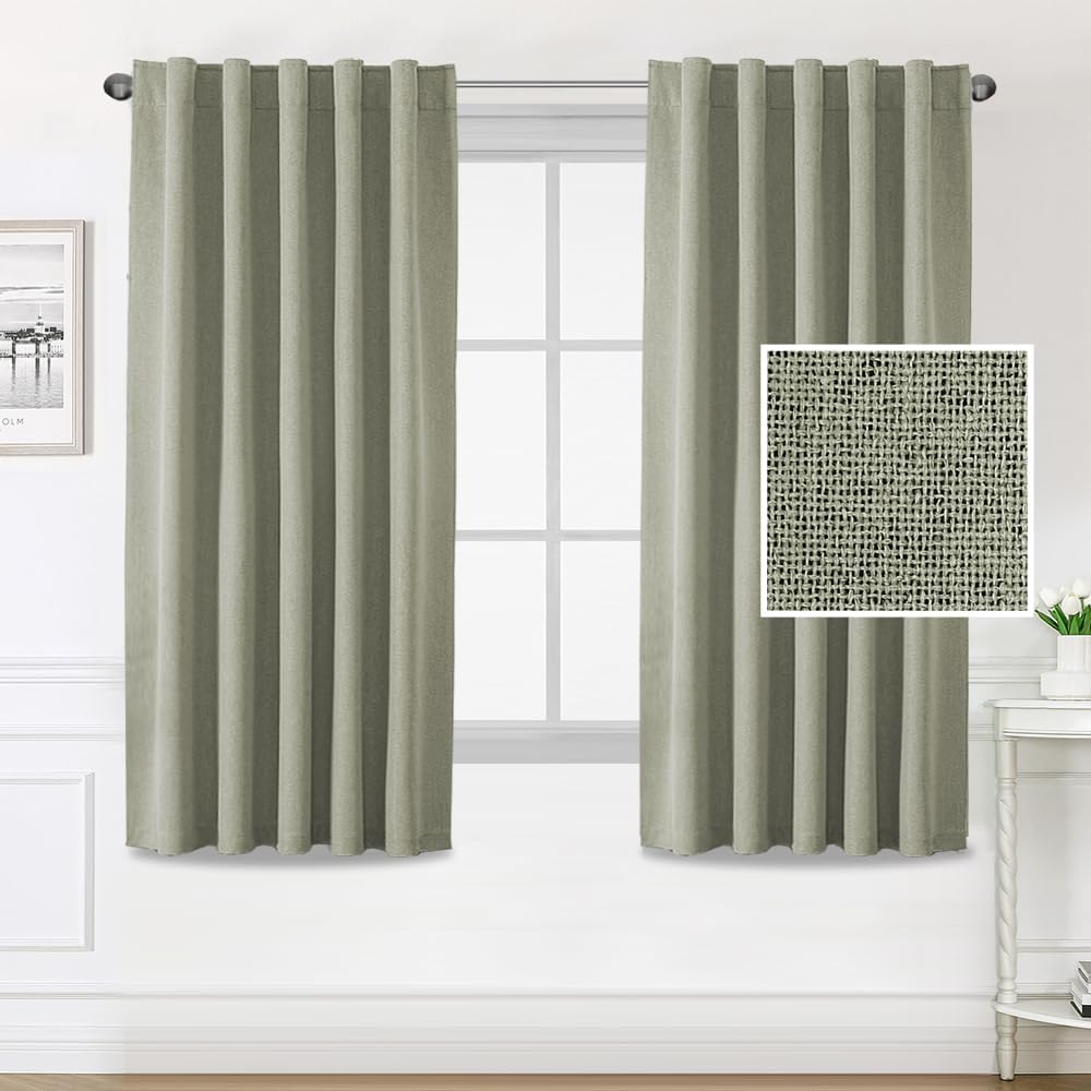 H.VERSAILTEX 100% Blackout Linen Look Curtains for Bedroom Double Face Linen Back Tab Loop Pocket Textured Burlap 2 Panels