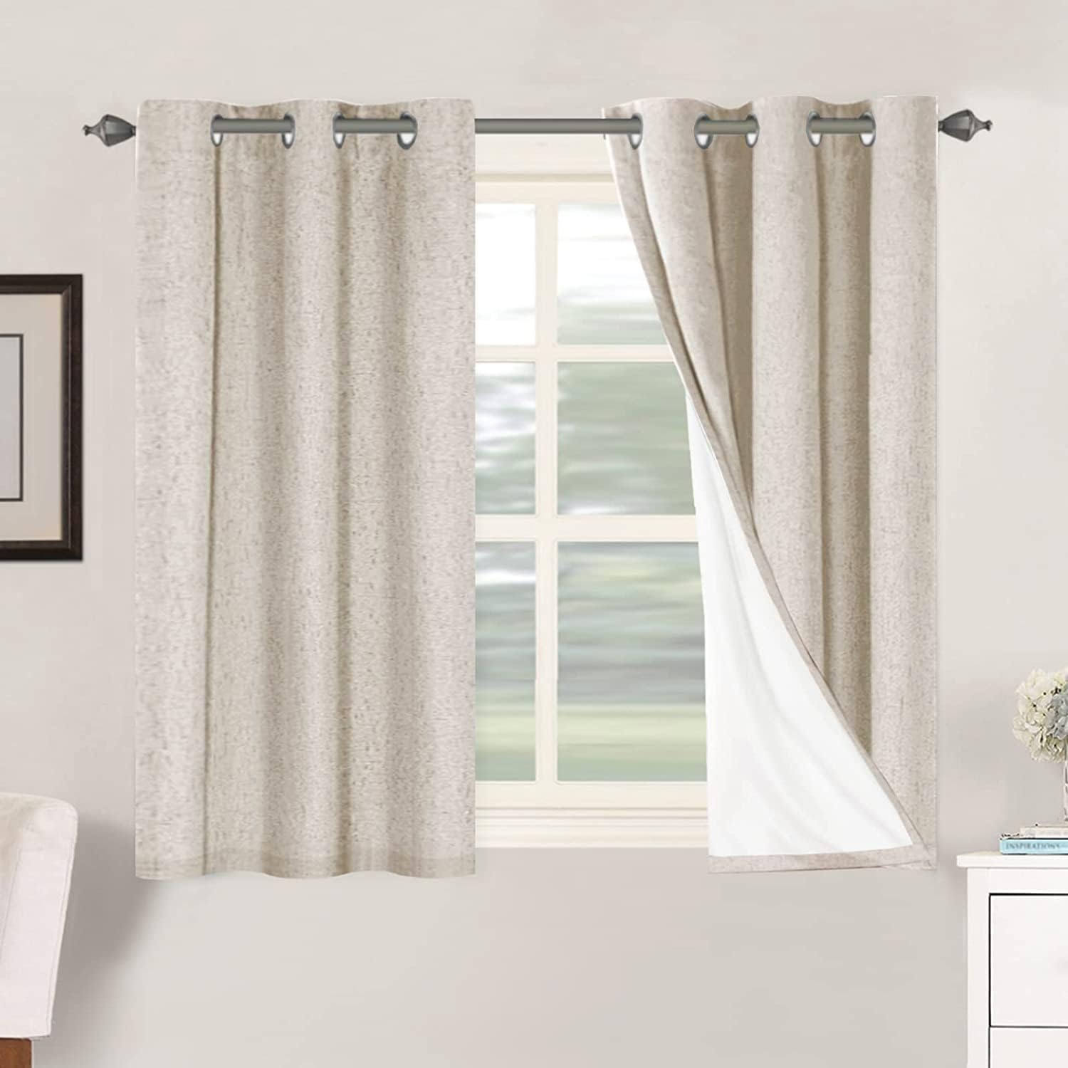 Linen Blackout Thermal Insulated  White Liner Grommet Top Curtains