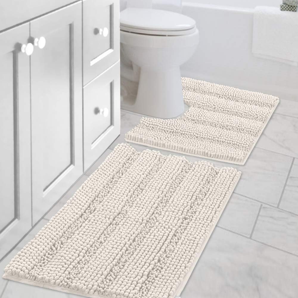 2pcs Sage Bathroom Rugs, Bath Mat Set of 2 Extra Thick Chenille Striped Pattern Shaggy Bath Rugs for Bathroom