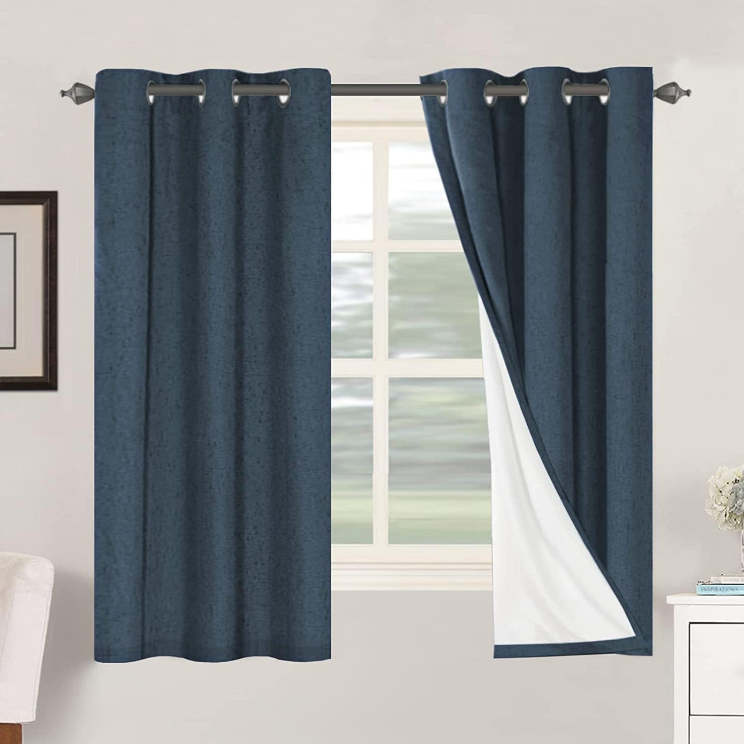Linen Blackout Thermal Insulated  White Liner Grommet Top Curtains