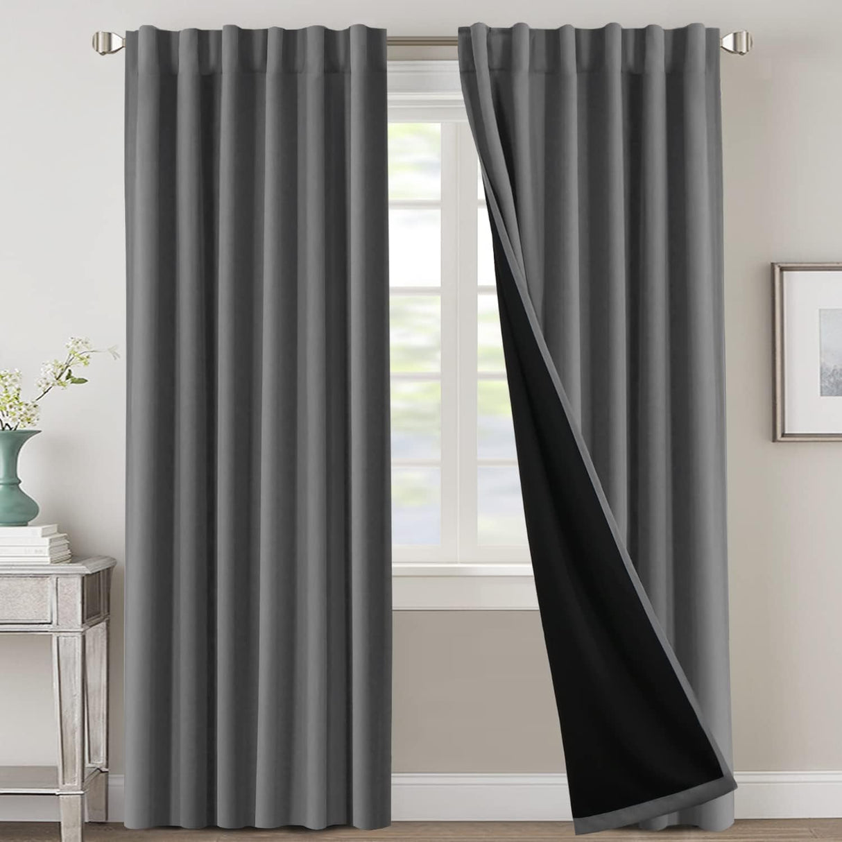 H.VERSAILTEX 100% Blackout Curtains for Bedroom with Black Liner Full Room Darkening Back Tab Rod Pocket 2 Panels