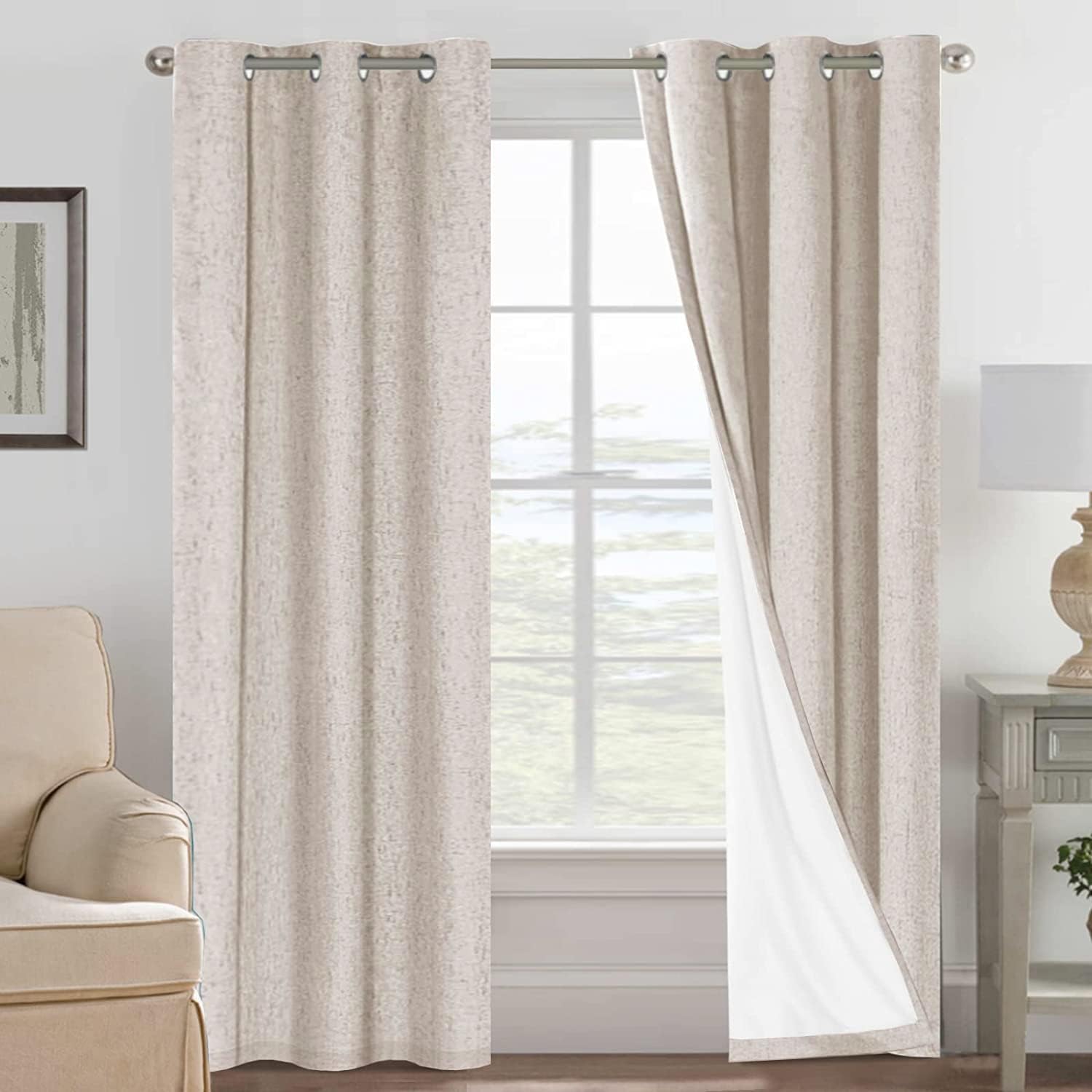 Linen Blackout Thermal Insulated  White Liner Grommet Top Curtains