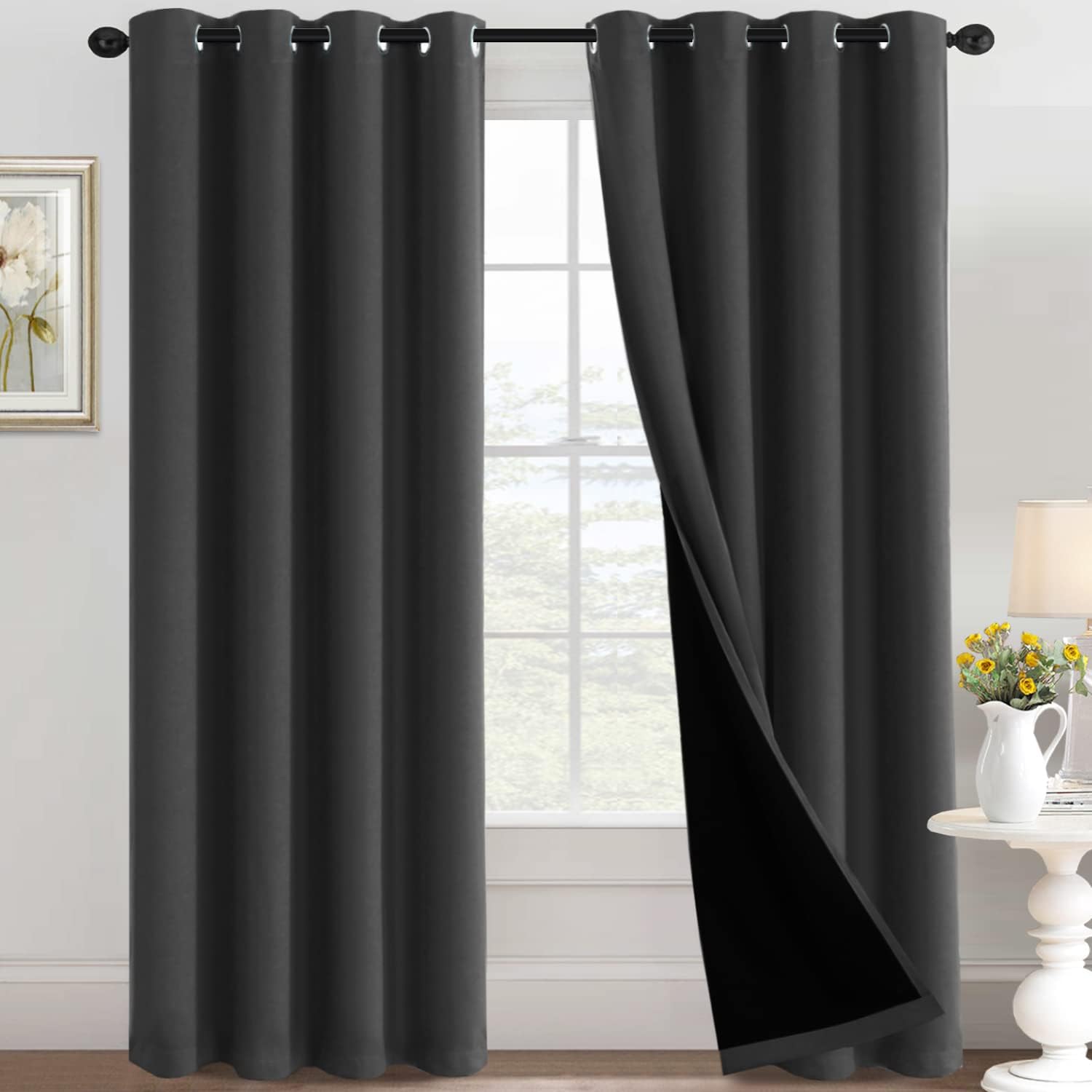 100% Blackout Black Liners Grommet Solid Color Curtains