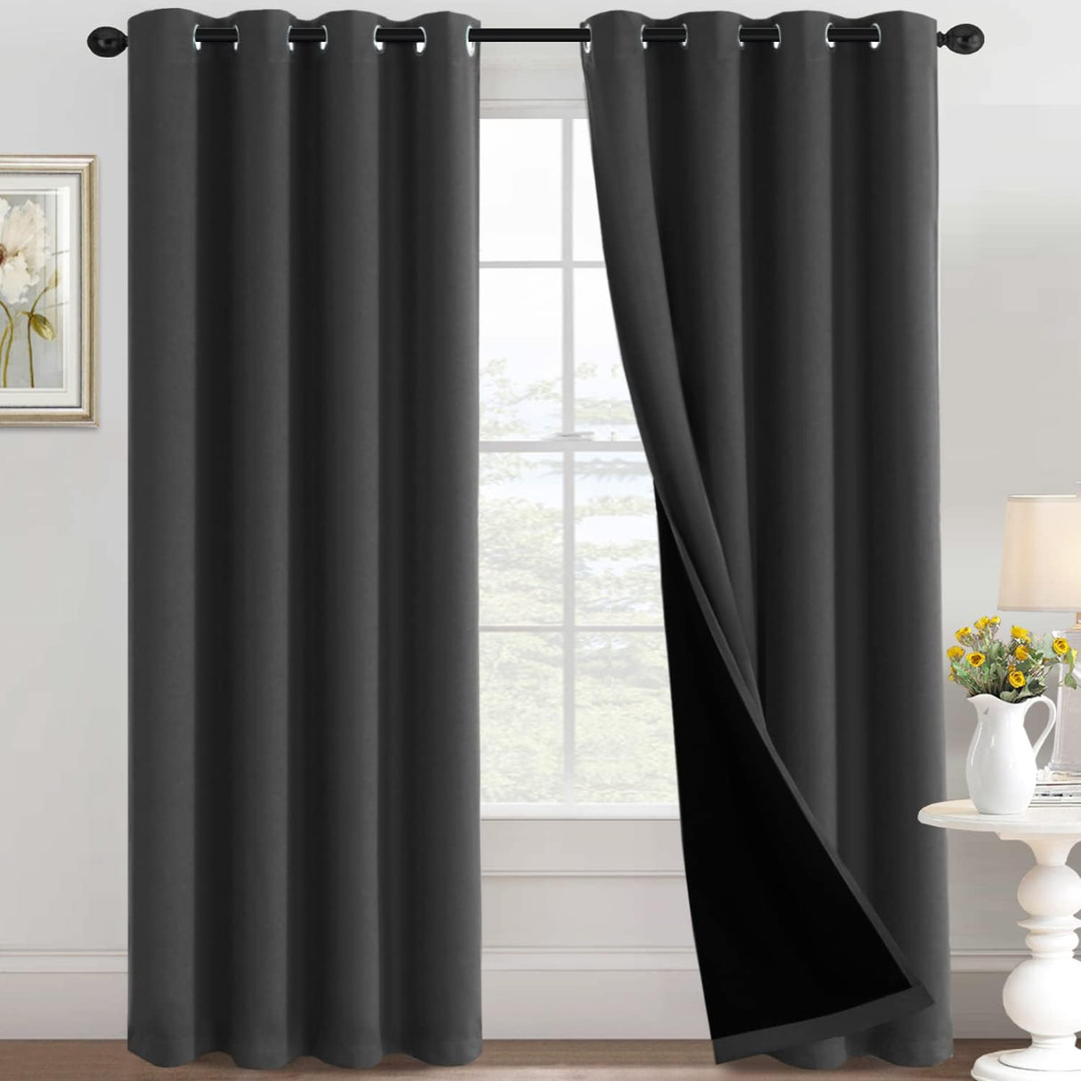100% Blackout Black Liners Grommet Solid Color Curtains
