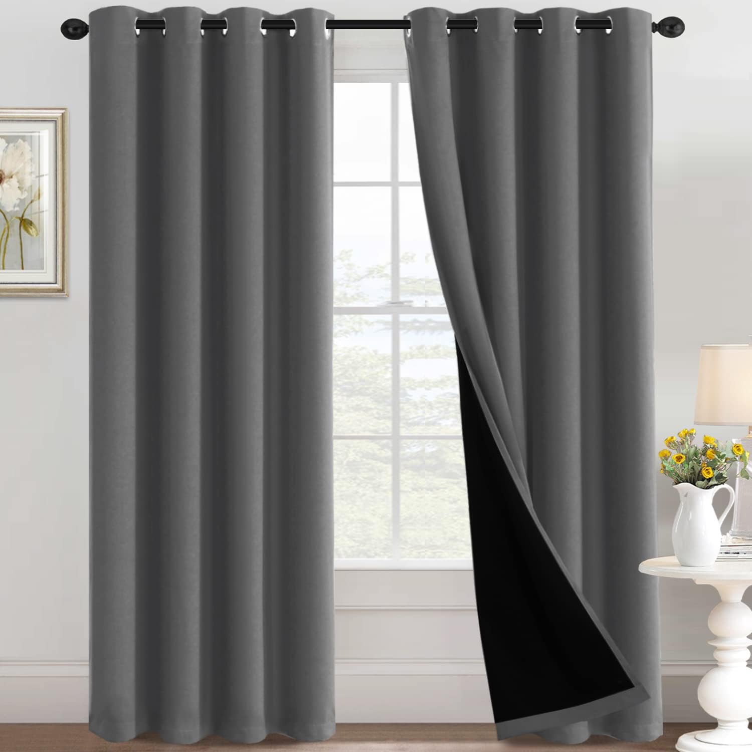 100% Blackout Black Liners Grommet Solid Color Curtains
