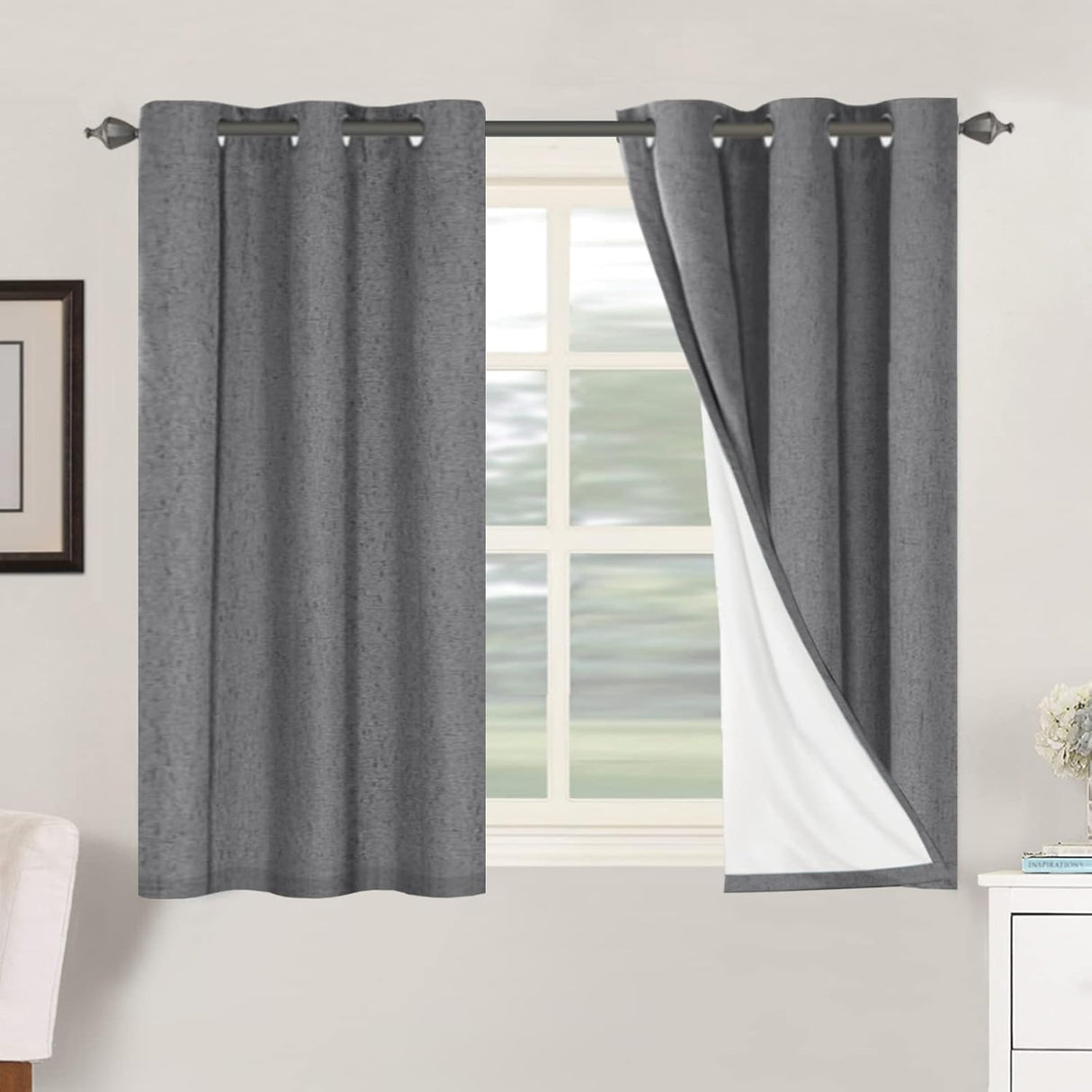 Linen Blackout Thermal Insulated  White Liner Grommet Top Curtains