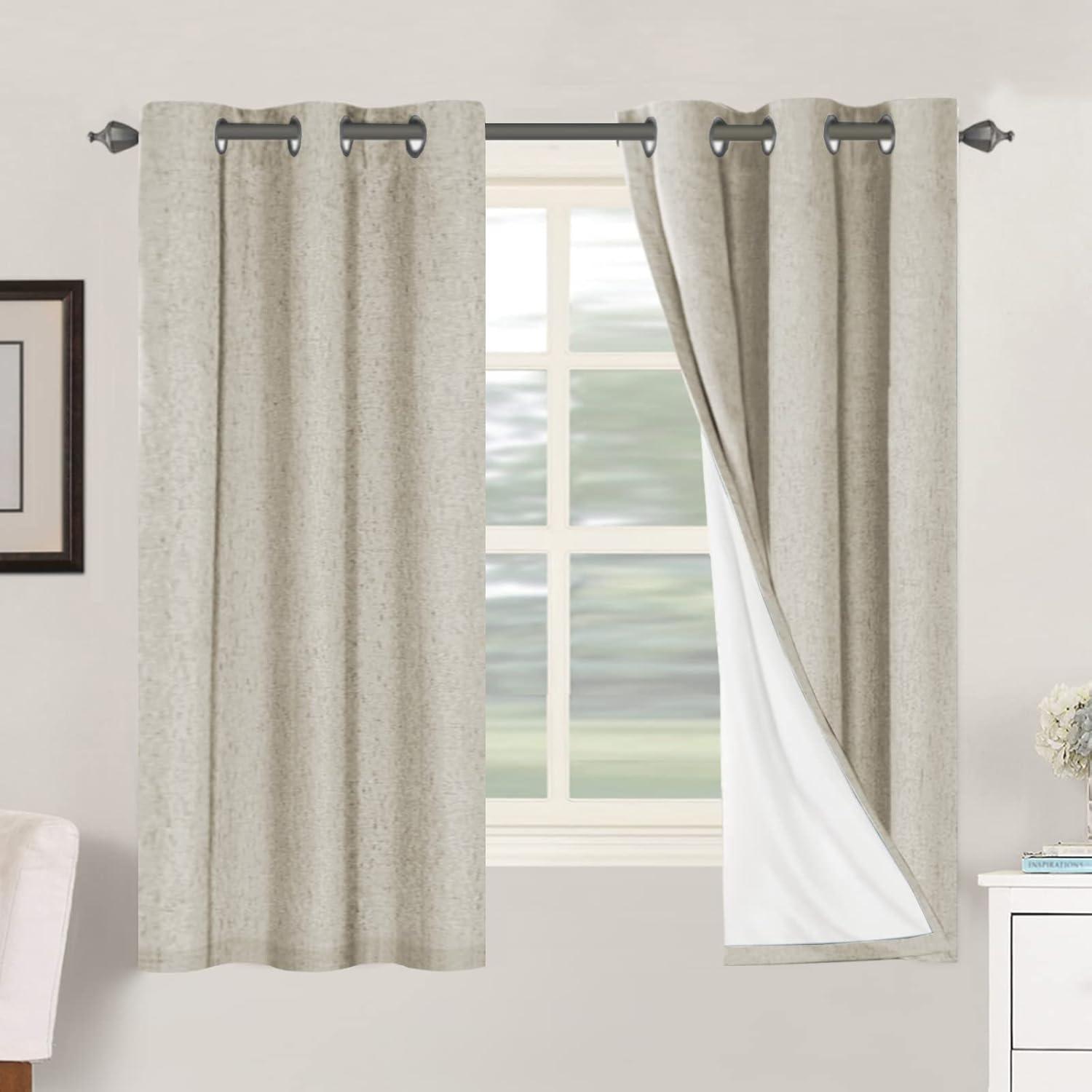 Linen Blackout Thermal Insulated  White Liner Grommet Top Curtains