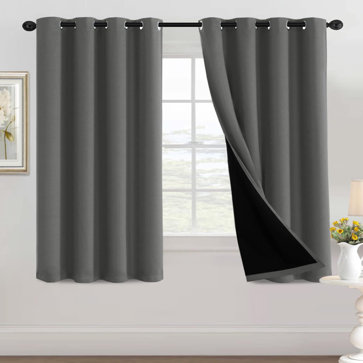 100% Blackout Black Liners Grommet Solid Color Curtains