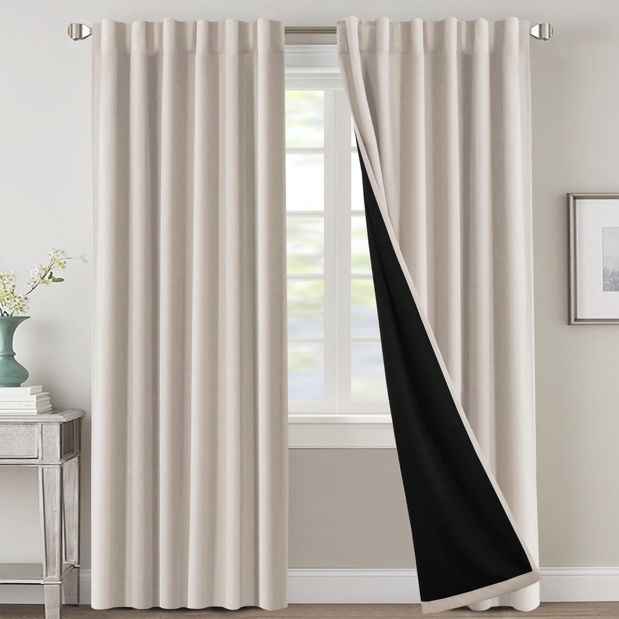 H.VERSAILTEX 100% Blackout Curtains for Bedroom with Black Liner Full Room Darkening Back Tab Rod Pocket 2 Panels