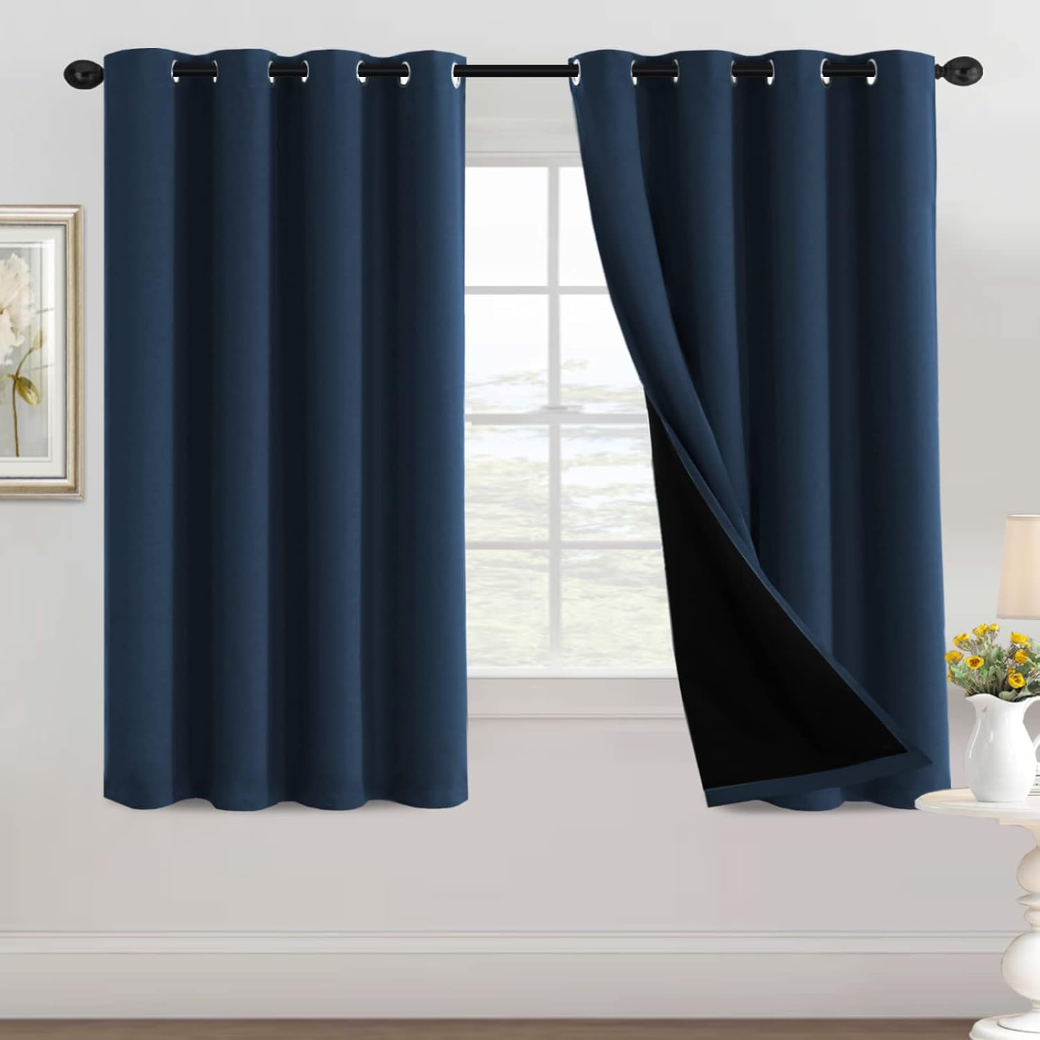 100% Blackout Black Liners Grommet Solid Color Curtains