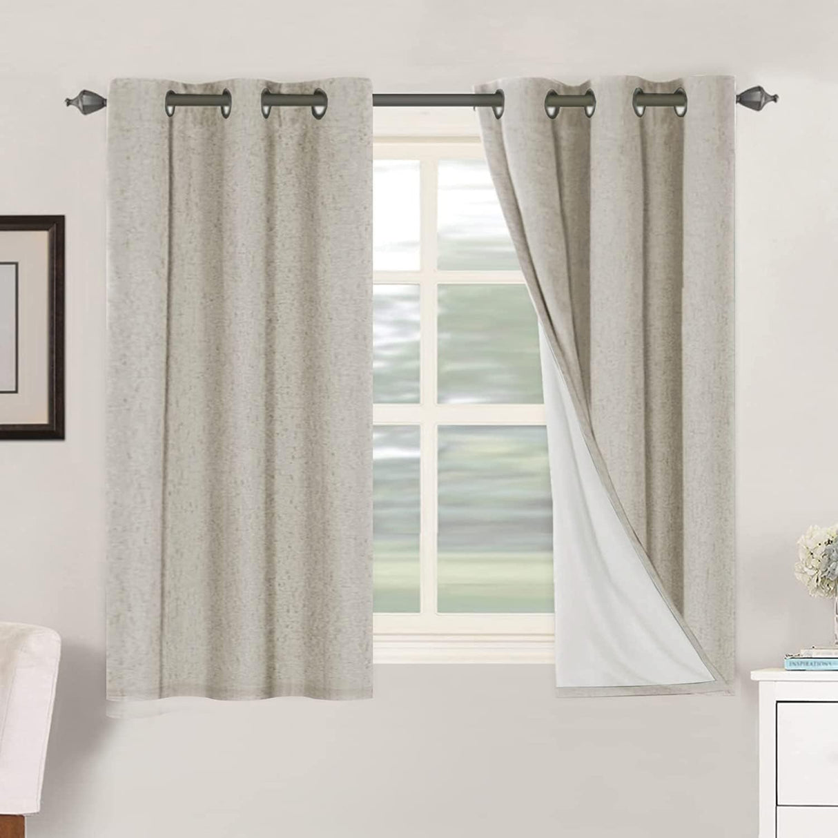 Linen Blackout Thermal Insulated  White Liner Grommet Top Curtains