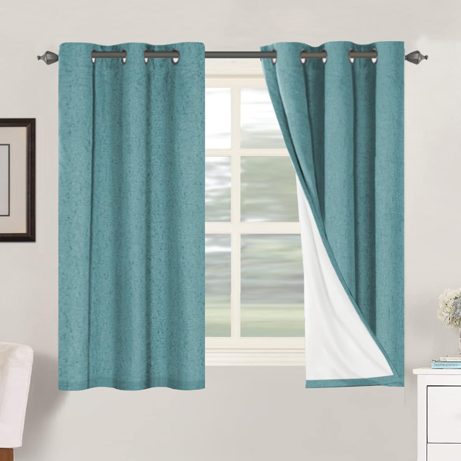 Linen Blackout Thermal Insulated  White Liner Grommet Top Curtains