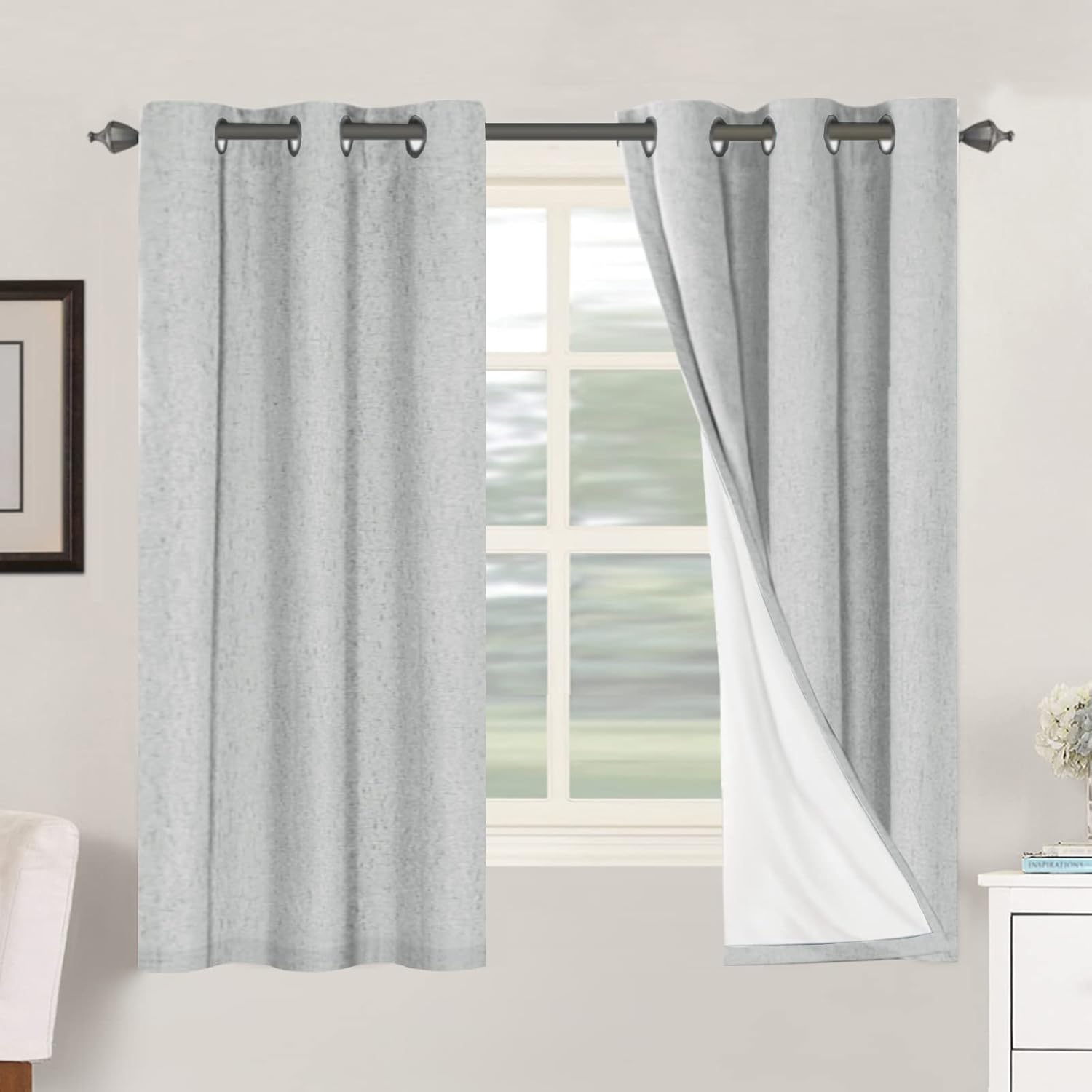Linen Blackout Thermal Insulated  White Liner Grommet Top Curtains