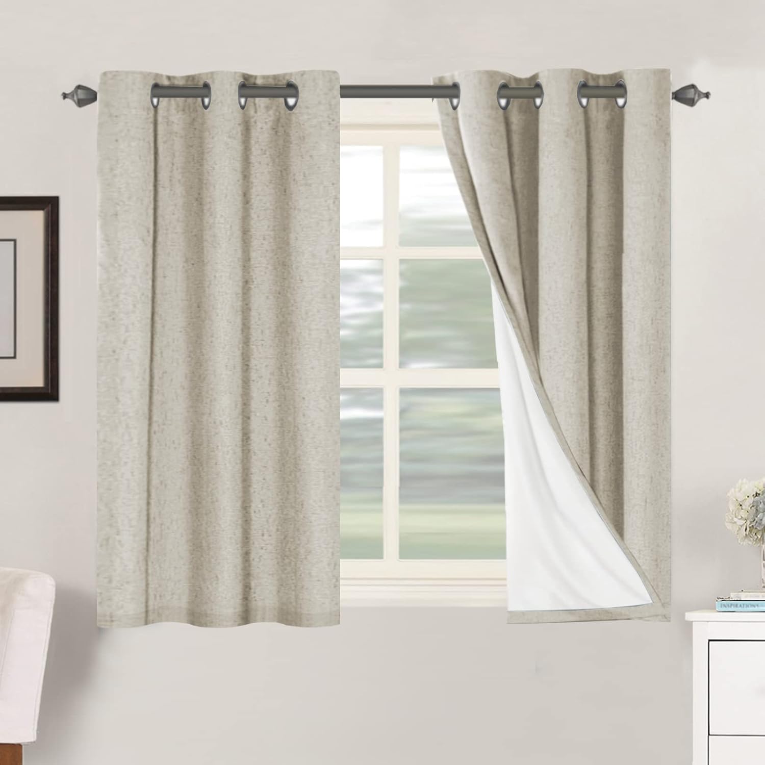 Linen Blackout Thermal Insulated  White Liner Grommet Top Curtains