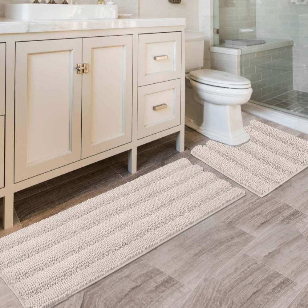 2pcs Sage Bathroom Rugs, Bath Mat Set of 2 Extra Thick Chenille Striped Pattern Shaggy Bath Rugs for Bathroom