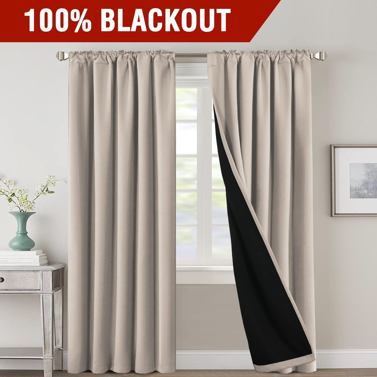 H.VERSAILTEX 100% Blackout Curtains for Bedroom with Black Liner Full Room Darkening Back Tab Rod Pocket 2 Panels