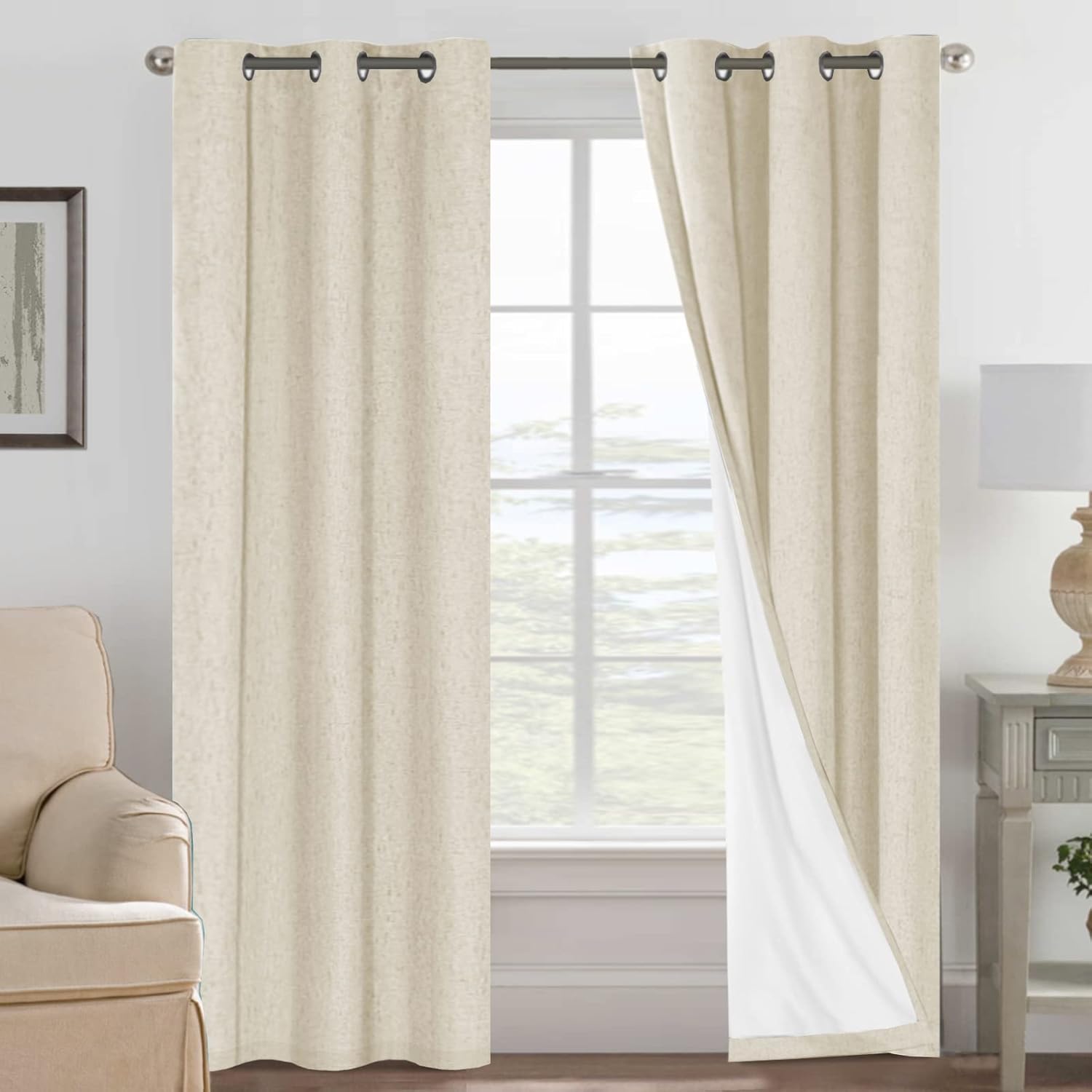 Linen Blackout Thermal Insulated  White Liner Grommet Top Curtains