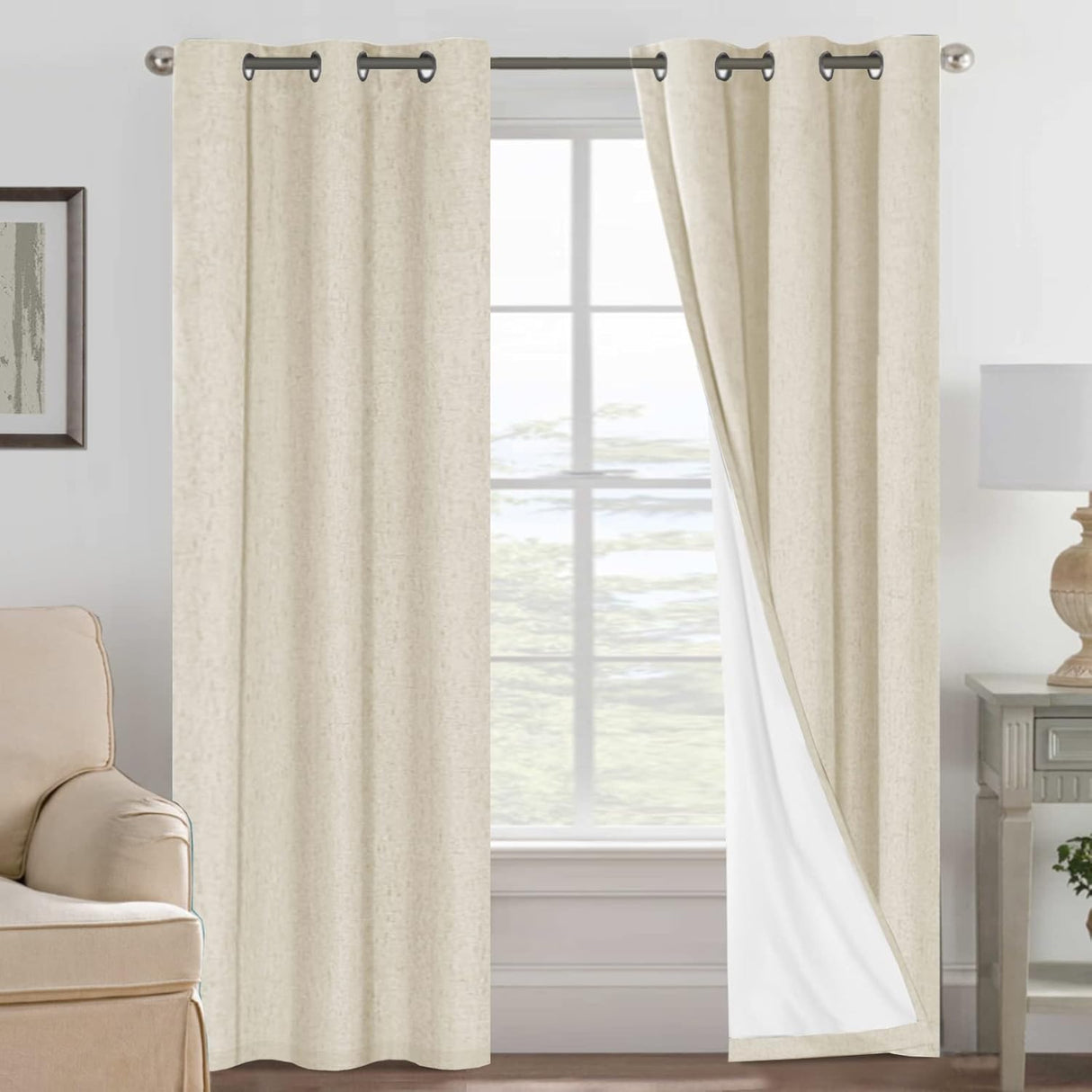 Linen Blackout Thermal Insulated  White Liner Grommet Top Curtains