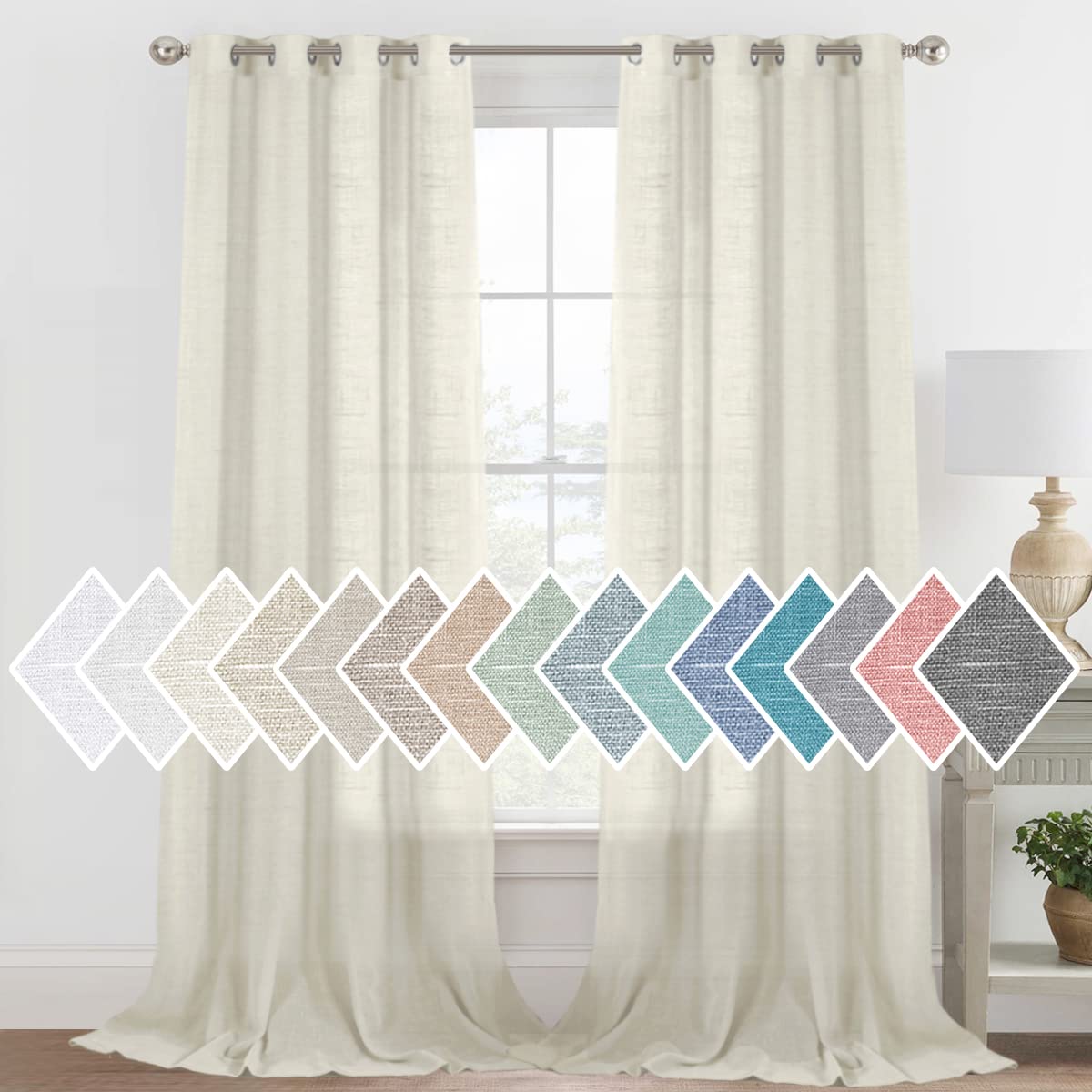H.VERSAILTEX Linen Sheer Curtains 84 Inch Length Semi Sheer Curtains for Living Room Light Filtering Curtains, 2 Panels (52" W x 84" L, Sea Mist)