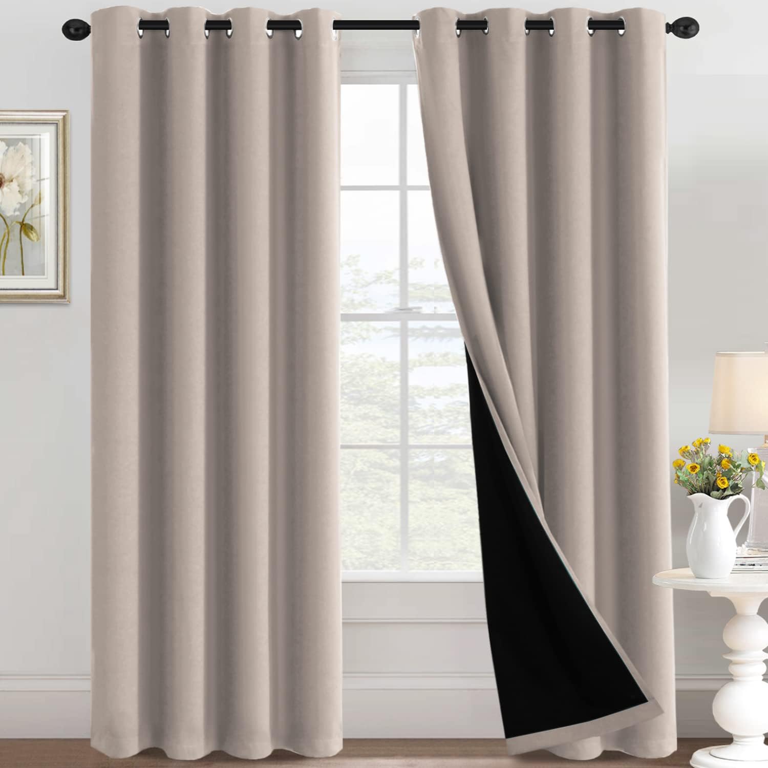 100% Blackout Black Liners Grommet Solid Color Curtains