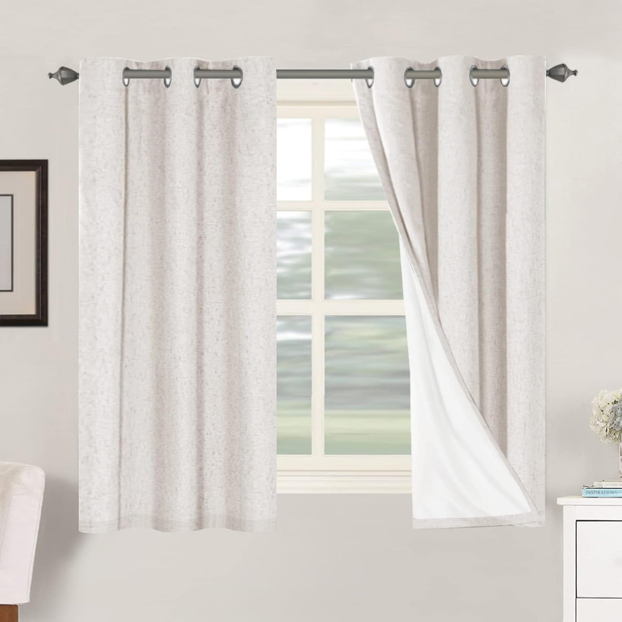 Linen Blackout Thermal Insulated  White Liner Grommet Top Curtains