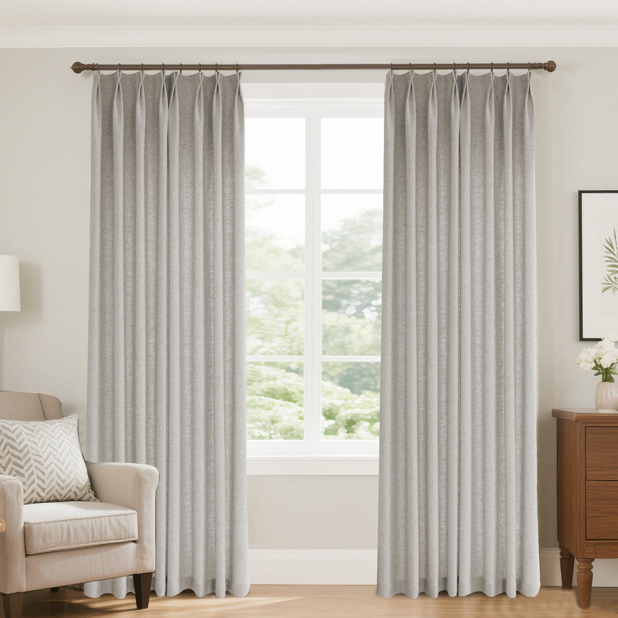 Aurevia Grid-Weave Linen Curtain Drapery Pleated