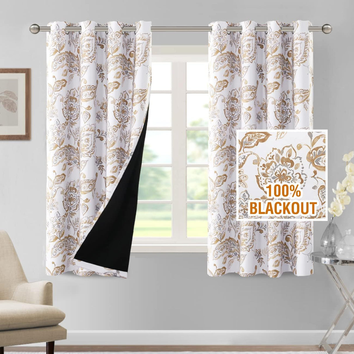 H.VERSAILTEX 100% Blackout Curtains for Living Room Camellia Floral Thermal Insulated Grommet Window Drapes 2 Panels