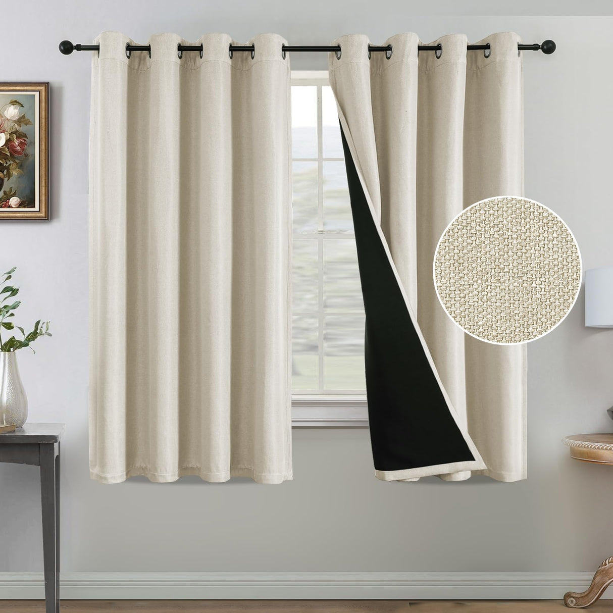 H.VERSAILTEX Farmhouse Boho Curtains for Living Room, 90% Blackout Drapes for Bedroom Energy Efficient, 96 Inch Long Windows Grommet Curtains, Burlap Textured 2 Panels, W52 x L96in, Heather Ivory