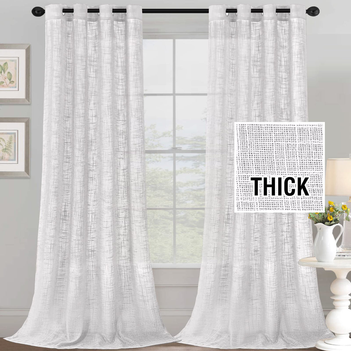 H.VERSAILTEX Linen Blended Curtains - Natural Linen Textured, Light Filtering Nickel Grommet 2 Panel Sets, 52" x 84", Angora for Living Room & Bedroom